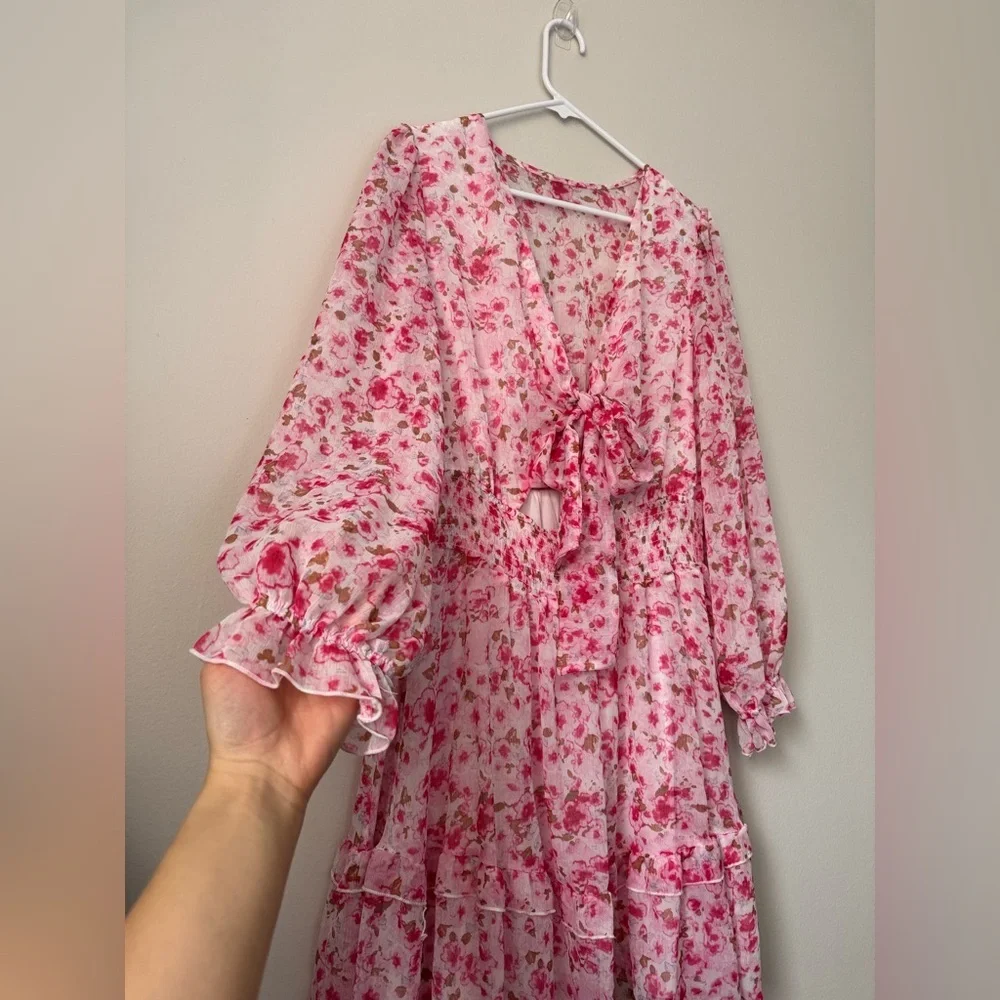 Pink Deep V-Neck Lantern Sleeve Knotted Tired Mini Dress Pink Size L - Picture 3 of 9